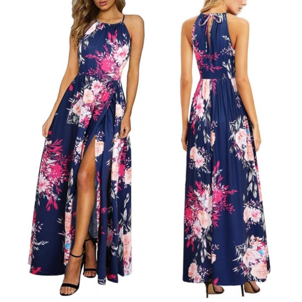 NWT Sz S Blue and Pink Floral Halter Maxi Dress Sundress with Pockets